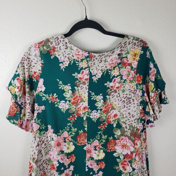 Andree by unit v-neck Teal pink floral dress tunic top size large - Picture 8 of 11
